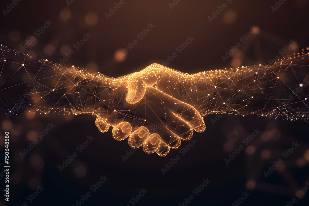 Abstract low poly agreement handshake. isolated on blue dark background. business partner connection concept. vector illustration futuristic modern design - obrazy, fototapety, plakaty 