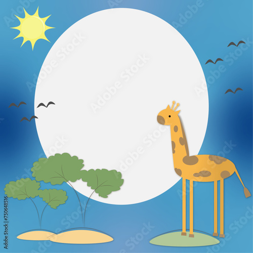 children's greeting card or invitation to a children's party with a giraffe, trees, a sun and birds. vector graphics