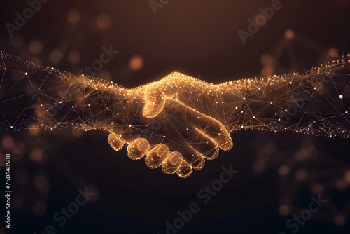 Abstract low poly agreement handshake. isolated on blue dark background. business partner connection concept. vector illustration futuristic modern design photo