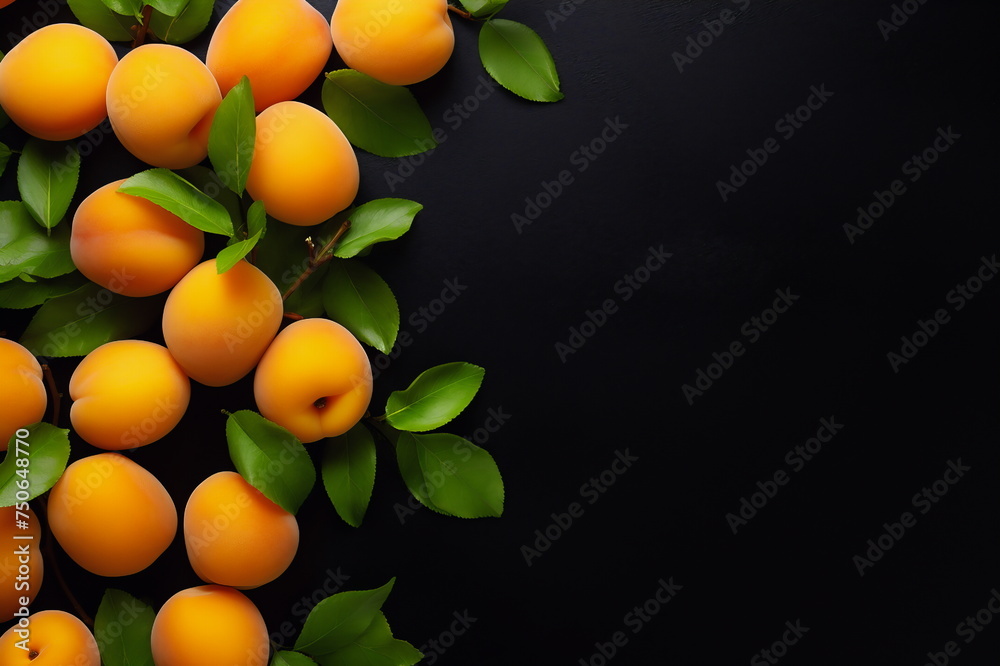 Apricots border on black background.  Fruit banner with a space for text
