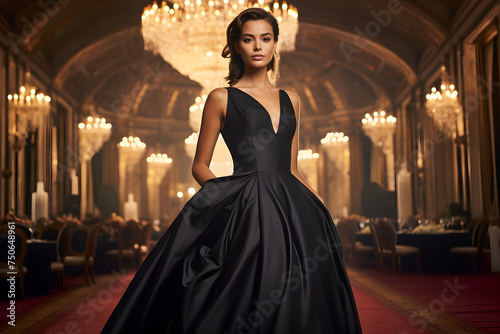 Confident Model in Opulent Ballroom.