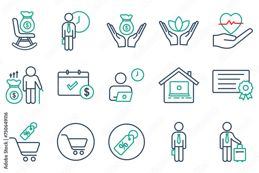 employee benefits icon set. contains icon retirement plan, flexible working, certificate, bonus, etc. line icon style. business element vector illustration
