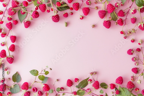 A pink background with a frame of red raspberries. Banner concept with copy space