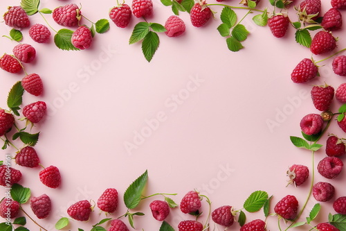 A pink background with a frame of red raspberries. Banner concept with copy space
