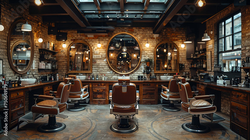 Stylish barber shop interior featuring vintage chairs and stylish mirrors in a warm, inviting environment