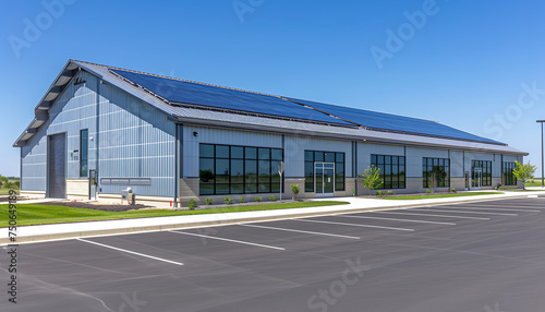 A modern warehouse demonstrates environmental commitment by housing solar panels on its roof - emphasizing renewable energy use.