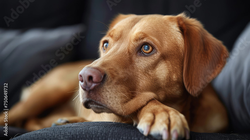 a sad dog lies with its head down