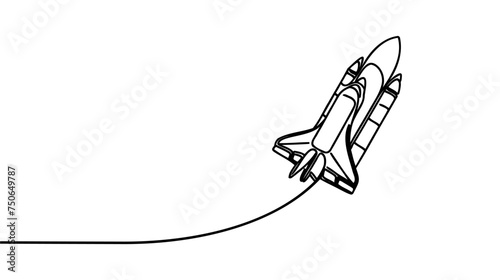 One continuous line drawing of simple retro spacecraft flying up to the outer space nebula.