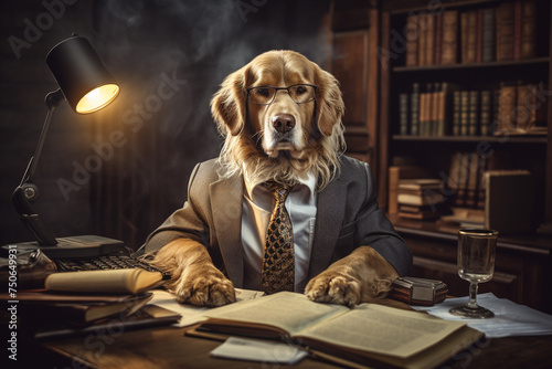 Cute and funny dog impersonating business person, working in the office photo