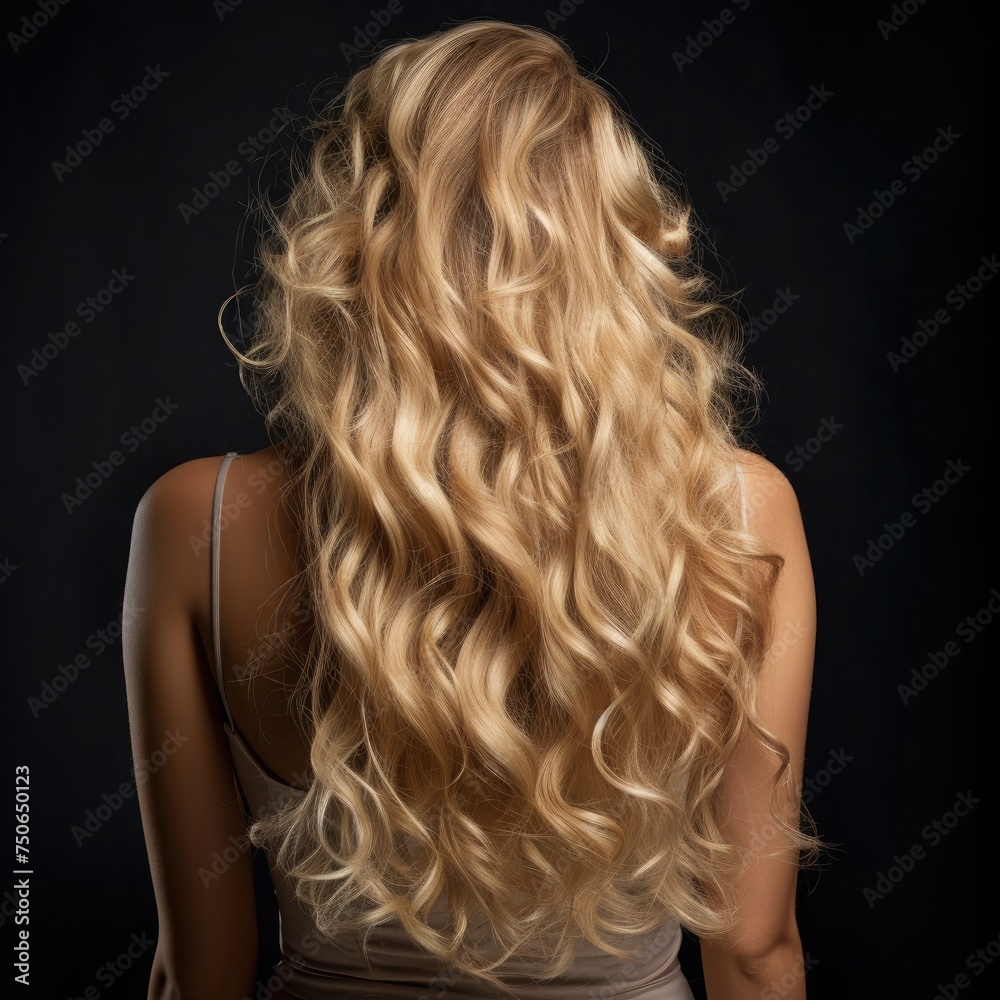 Naklejka premium Backward front view of a beautiful long curly wavy haired blonde.