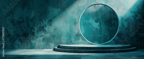 Minimalist abstract background featuring a circular platform and textured teal walls, evoking a modern and artistic atmosphere.