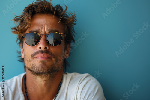 a man wearing sunglasses and a white shirt