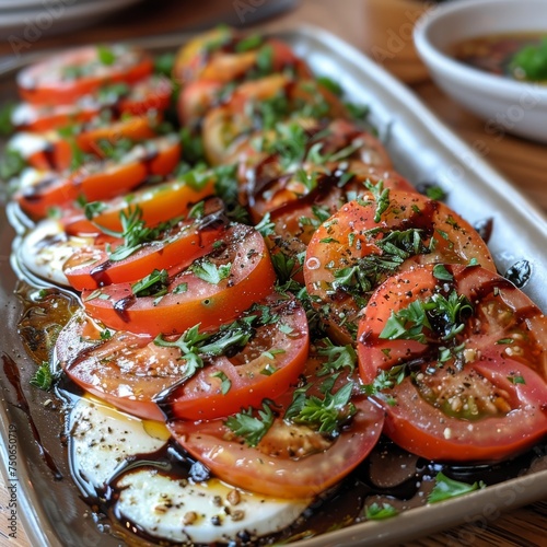 Gourmet Caprese Salad: A sophisticated presentation of Caprese salad with heirloom tomatoes, mozzarella, and balsamic glaze. 
