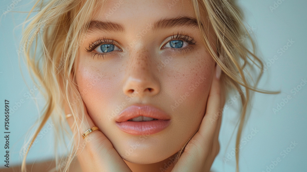 A beautiful blonde young model with healthy skin looks in camera. A beautiful blonde young model with healthy skin looks in camera.