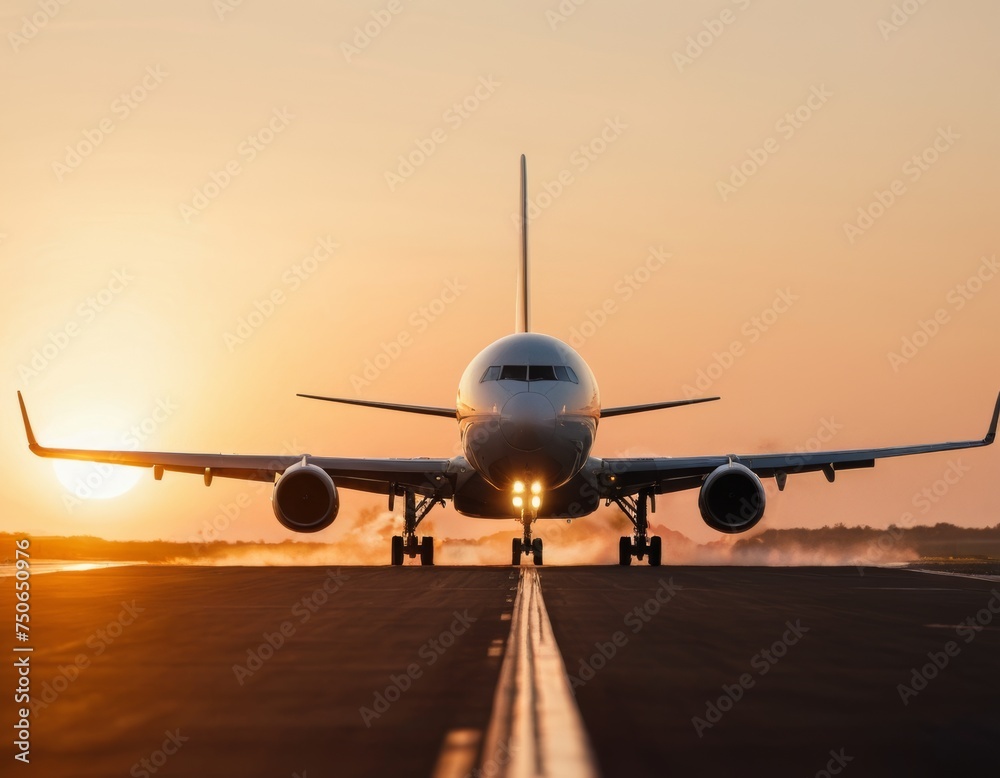 An airplane is landing on runway at sunset An airplane is landing on runway at sunset