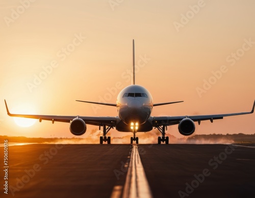 An airplane is landing on runway at sunset