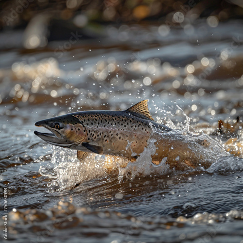 Salmon (Salmo salar) on the migration and swim up a stream in shallow, clear water, ai generiert