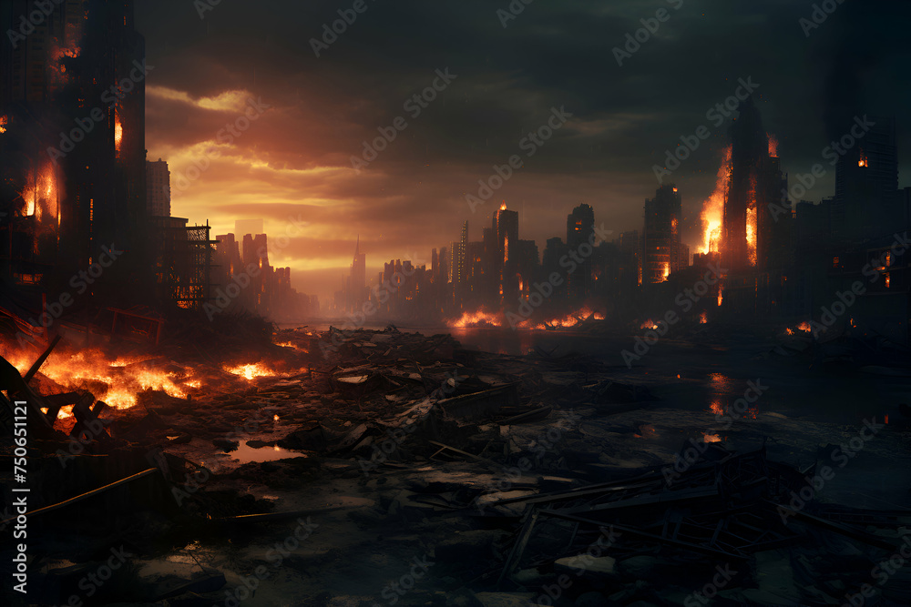 City destroyed by fire in the night. Disaster concept. 3d rendering