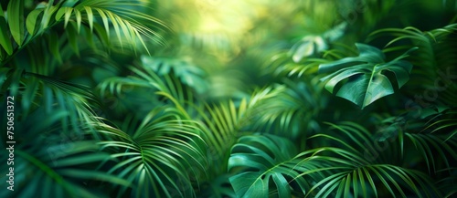 beautiful green jungle of lush palm leaves, palm trees in an exotic tropical forest, tropical plants nature concept for panorama wallpaper © Denis