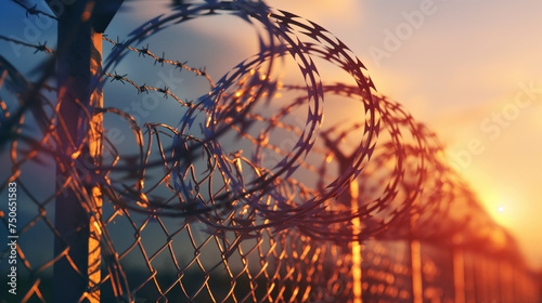 Barbed wire and barbed wire fence to prevent intruders. photo