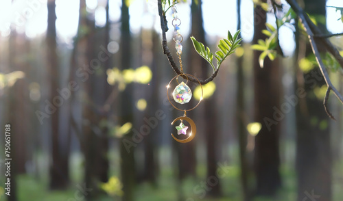 Crystal sun catcher prism on tree branch, abstract sunny forest background. Magic crystal Ritual, Witchcraft, esoteric practice for harmony, calm soul, productive the mind. Feng Shui, reiki therapy photo