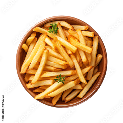 French fries on a white background in a wooden bowl