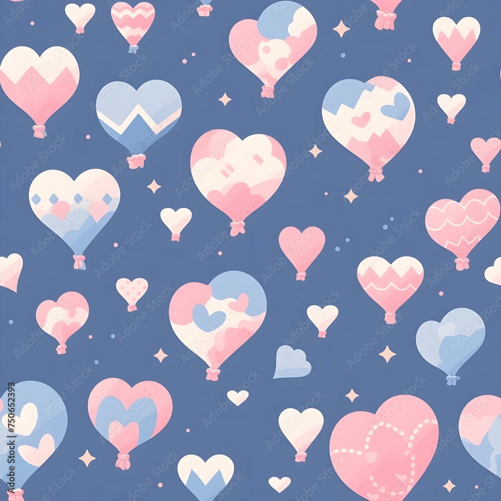 Seamless repeating pattern of pink and blue heart-shaped hot air balloons on a blue background
