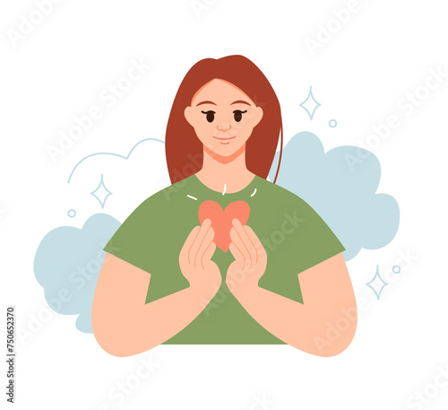 Woman Take Care of Mentality. Open Heart. Peaceful and Loving Concept. Flat Vector Illustration.