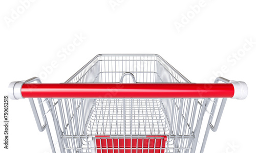 Empty shopping cart with red handles isolated on white background