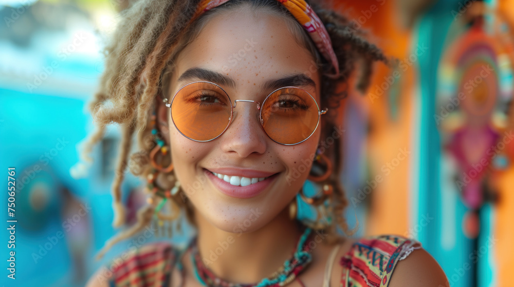 Joyful Bohemian Styled Young Woman Smiling with Trendy Sunglasses. Joyful Bohemian Styled Young Woman Smiling with Trendy Sunglasses.
