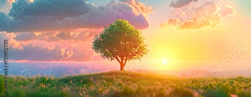 panorama small tree growing with sunrise. green world and earth day concept 4K Video photo