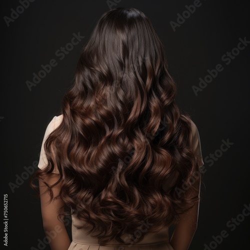 Backward front view of a beautiful long curly wavy haired brunette.