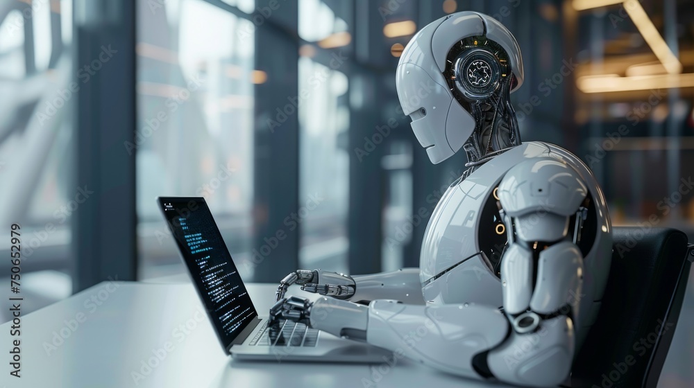 Robot humanoid working on laptop computer in modern office. 3D rendering Robot humanoid working on laptop computer in modern office. 3D rendering