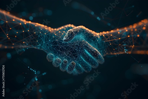 Abstract low poly agreement handshake. isolated on blue dark background. business partner connection concept. vector illustration futuristic modern design