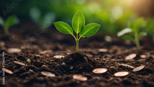 A seedling grows on a coin lying on the ground. Green investment concept, Increasing money to invest. financial growth concept. AI generated photo