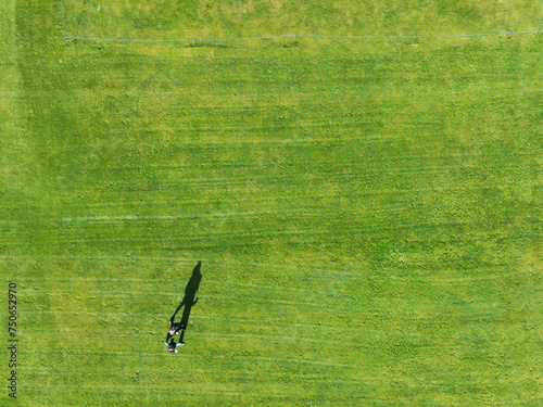 Slika na platnu Abstract top down view of a pair of people walking along a cricket pitch, casting long shadows on the mowed grass