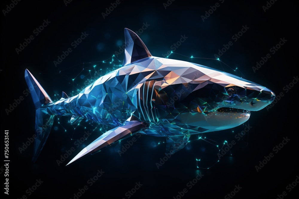 Futuristic shark made of glowing polygons representing marine technology in the deep sea - obrazy, fototapety, plakaty 