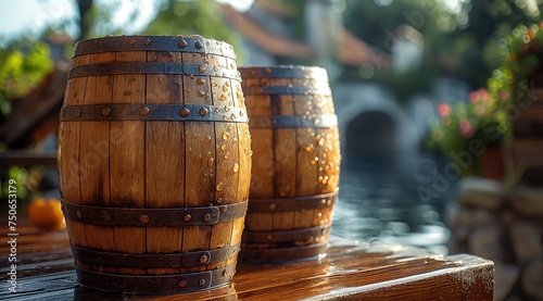 beer barrel wooden container with bokeh light, rustic homemade theme, Generative Ai 