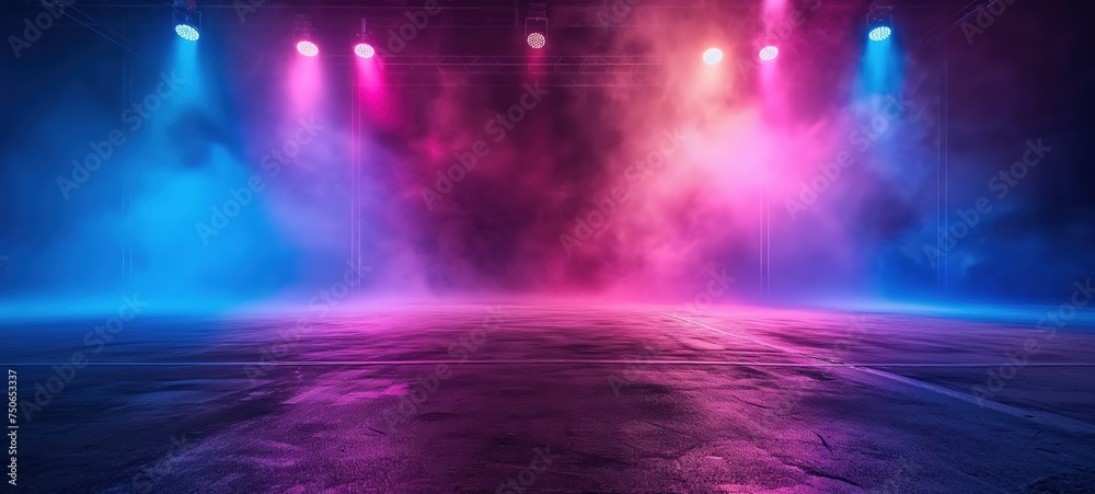 illustration of pink blue festive spotlights shine on stage floor in dark room, idea for background, backdrop, Generative Ai	
