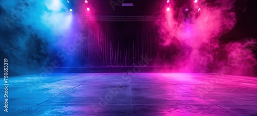 illustration of pink blue festive spotlights shine on stage floor in dark room, idea for background, backdrop, Generative Ai 