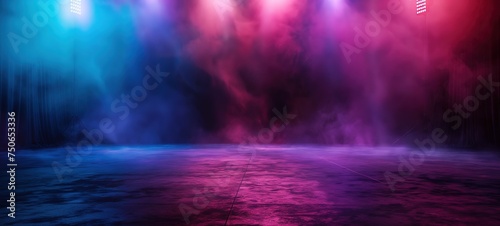illustration of pink blue festive spotlights shine on stage floor in dark room, idea for background, backdrop, Generative Ai 
