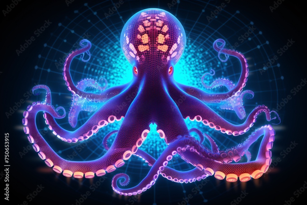 Octopus in a hologram style showcasing the beauty of marine biology with glowing tentacles Octopus in a hologram style showcasing the beauty of marine biology with glowing tentacles