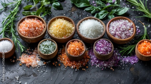 Salts of the world. Gourmet Salts. Colorful salts. Trending food. photo