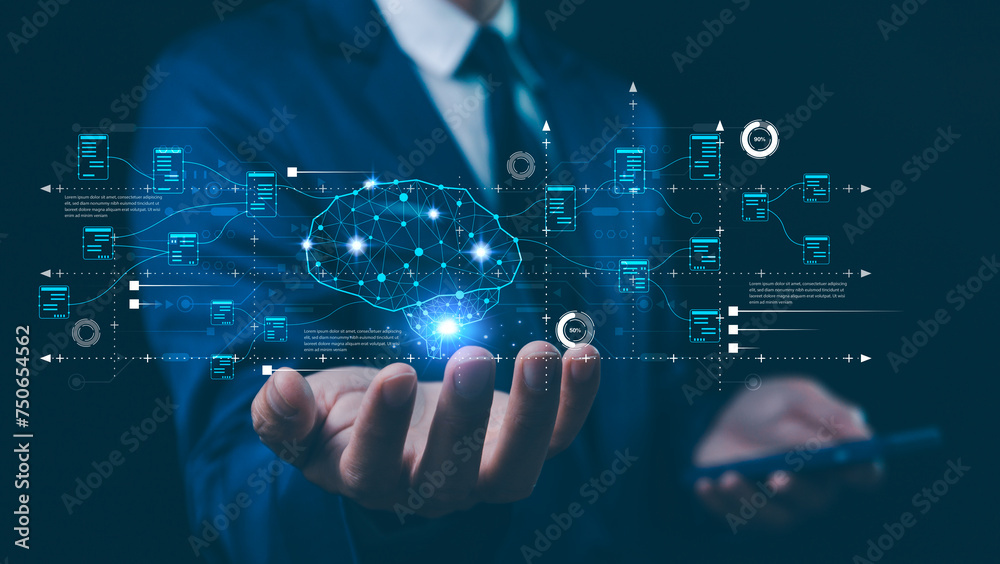 Futuristic AI neural network interface, symbolizing cutting-edge data management and smart technology. Businessman show the brain working of Artificial Intelligence Automation, Machine Learning. Futuristic AI neural network interface, symbolizing cutting-edge data management and smart technology. Businessman show the brain working of Artificial Intelligence Automation, Machine Learning.