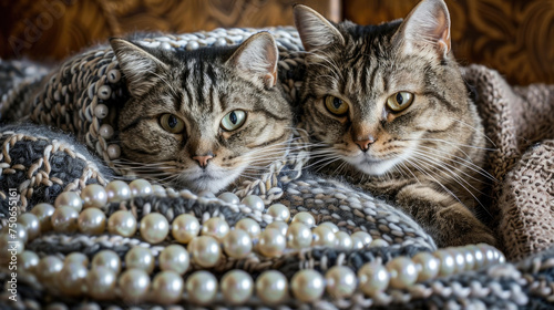Two tabby cats with strikingly similar markings snuggle together under a warm, textured blanket, with a strand of pearls draped nearby photo