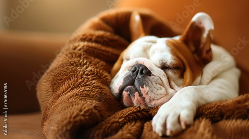 A bulldog lies comfortably enveloped in a cozy brown blanket, with its distinctive wrinkled face relaxed in sleep