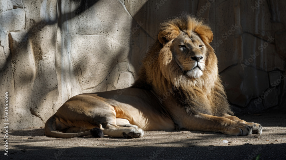 A large lion laying down on top of a cement ground A large lion laying down on top of a cement ground