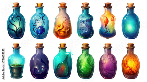 A collection of vibrant, cartoon-styled potion bottles in various colors and bubbling contents, corked and uncorked. Game design assets, transparent background