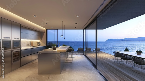 A modern kitchen with sleek appliances and a large window showcasing a stunning ocean view in the background