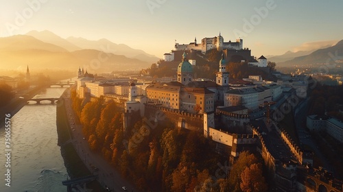 Behold the majestic Freyschloessl Fortress standing proudly against the backdrop of Salzburg s skyline  its ancient stone walls bathed in warm sunlight